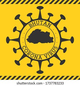 Corona virus in Bhutan sign. Round badge with shape of virus and Bhutan map. Yellow country epidemy lockdown stamp. Vector illustration.