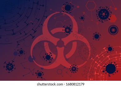 Corona virus biohazard sign on red and blue background
Dangerous pandemia covid-19 outbreak abstract vector illutration