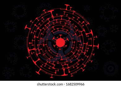 Corona virus biohazard sign on black background
Dangerous pandemia covid-19 outbreak abstract vector illutration