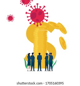 Das Corona-Virus zerbricht den Stack der Metapher des Korona-Aufpralls. Business-Wohnung-Vektorillustration-Concept-Illustration für Wallpaper, Banner, Hintergrund, Infografik, Buch und Web-Landing-Page.