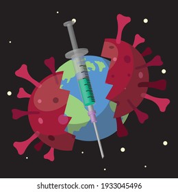 corona virus broken, vaccine, planet earth, vector illustration 