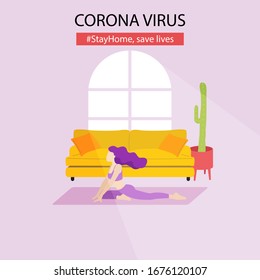 Corona virus campaign to stay at home. Yoga or activity that you can do at home to stay healthy. Flat design vector