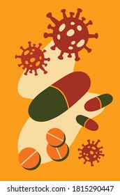 Ilustración plana de Corona Virus, Cápsula y Comprimidos. Color retro. Vector EPS 10.