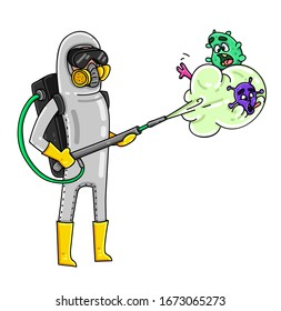 Corona virus, Cartoon character in protective suit is killing germs.