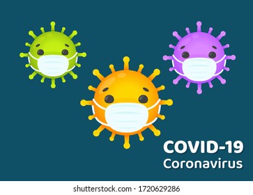 Corona virus cartoon character wearing a mask to prevent the spread of the flu