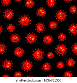 Corona Virus cartoon characters on black background seamless pattern. Pathogen respiratory coronavirus 2019-nCoV from Wuhan, China. Vector template for fabric, poster, banner, flyer, etc.