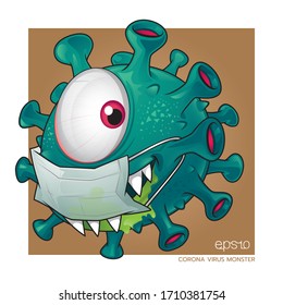 A Corona Virus Cartoon Vector Image Monster Virus Covid-19. 
Virus Danger Icon. Vector Illustration. Character Illustration. Covid19 Symbol.