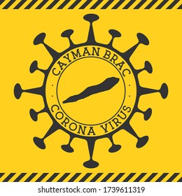 Corona virus in Cayman Brac sign. Round badge with shape of virus and Cayman Brac map. Yellow island epidemy lock down stamp. Vector illustration.