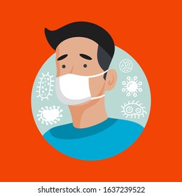 Corona virus in China. Novel corona virus 2019-nCoV, man in white medical face mask. Concept of corona virus quarantine.