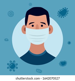 Corona virus in China. Novel corona virus 2019-nCoV, man in white medical face mask. Concept of corona virus quarantine. Vector illustration. 