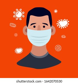 Corona virus in China. Novel corona virus 2019-nCoV, man in white medical face mask. Concept of corona virus quarantine. Vector illustration. 