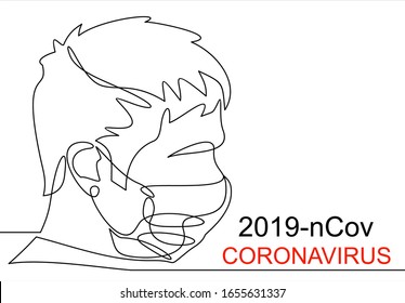 Corona virus in China. Novel corona virus 2019-nCoV, man in medical face mask. Concept of corona virus quarantine.continuous line drawing