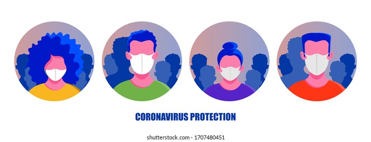 Corona virus in China. Novel corona virus 2019-nCoV, set people in white medical face mask. Concept of corona virus quarantine. Observe safety measures in public places. EPS10
