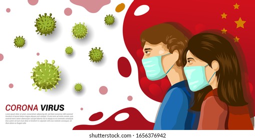Corona virus in China, Vector Illustration. coronavirus (2019-nCoV), man and woman wear medical mask. Concept of poster beware coronavirus.
