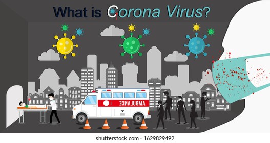 Corona virus in city with ambulance car. CoV, nCoV, MERS virus.