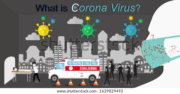 Corona virus in city with ambulance car. CoV,
nCoV, MERS virus.