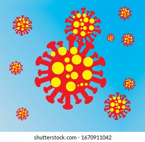 Corona Virus Concept;  Flu virus and Corona Virus text on blue gradient background with large copy space.
