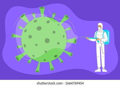 Corona virus concept. Novel coronavirus (2019-nCoV). Man or doctor in white medical face mask  spraying and making disinfection treat. Vector illustration