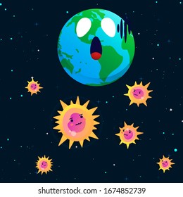 Corona virus concept. world or earth put mask to fight against COVID-19. Concept of fight against virus. Many Virus attack isolated. Shock face on cute style. This virus is so dangerous, stay healthy.