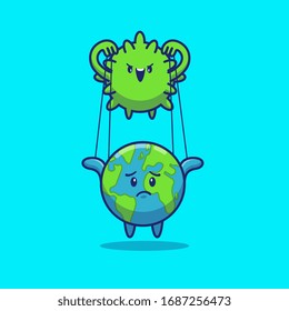 Corona Virus Control World Vector Icon Illustration. Corona Mascot Cartoon Character. World Icon Concept White Isolated. Flat Cartoon Style Suitable for Web Landing Page, Banner, Flyer, Sticker, Card