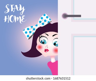 Corona virus (covid 19) prevention, awareness social media campaign to stay at home. Flat design vector. Little girl behind the door