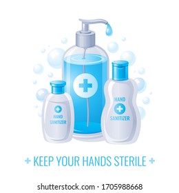 Corona virus Covid 19 protect icon. Soap sanitizer bottles for Coronavirus prevention with soap bubbles. Health care vector illustration isolated on white background.
