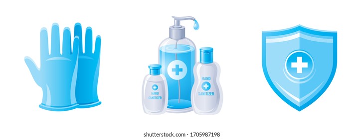 Corona Virus Covid 19 Protection Icon Set In Blue Color. Coronavirus Prevention And Medical Element Collection. Hand Sanitizer Bottles, Gloves, Shield. Vector Illustration Isolated On White Background
