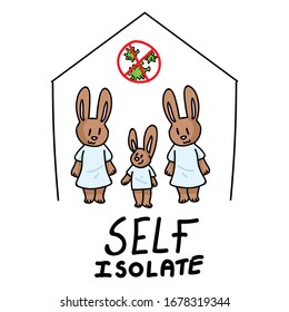 Corona virus covid 19 self isolate cute bunny lesbian family infographic sign. News broadcast quarantine support. Medical poster. Banner black white. Viral isolation information. Caution support help