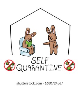 Corona virus covid 19 self quarantine cute easter bunny activity infographic. Self isolate support. Reading, stay home, calm graphic. Viral isolation information. Cuation support help.