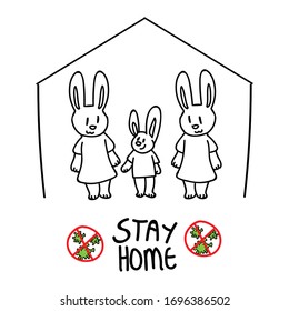 Corona virus covid 19 self isolate cute bunny lesbian family infographic sign. News broadcast quarantine support. Medical poster. Banner black white. Viral isolation information. Monochrome lineart. 