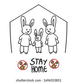 Corona virus covid 19 self isolate cute bunny gay family infographic sign. Broadcast quarantine support. Medical poster. Banner black white. Viral isolation information. Caution monochrome lineart. 