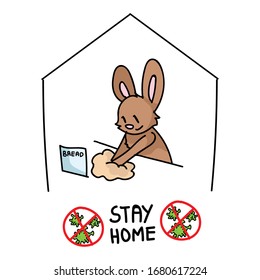 Corona virus covid 19 stay home cute easter bunny in self quarantine activity infographic. Self isolate support. Rabbit baking bread graphic. Viral isolation information. Vector caution help.