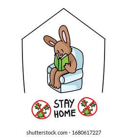 Corona virus covid 19 stay home cute easter bunny in self quarantine activity infographic. Self isolate support. Rabbit reading book graphic. Viral isolation information. Vector caution help.