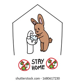 Corona virus covid 19 stay home cute easter bunny in self quarantine activity infographic. Self isolate support. Rabbit washing hands graphic. Viral isolation information. Vector caution help.