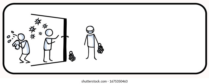 Corona virus covid 19 stickman help neighbor infographic. News broadcast community support. Medical healthcare graphic clip art. Icon set in black white. Viral shopping drop off community support help