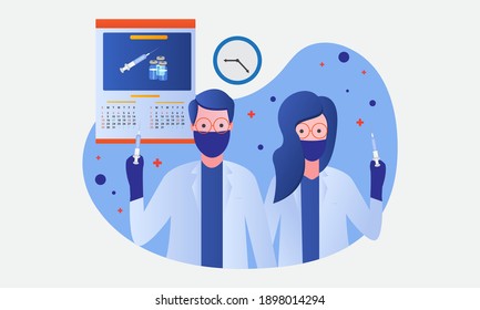 corona virus Covid 19 vaccine day, time to vaccinate flat design illustration male doctors and female doctors are ready to inject vaccines 