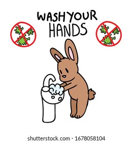 Corona virus covid 19 wash your hands cute rabbit washing hands in sink vector. Easter friendly medical healthcare awareness clipart. Hygiene with picture ofvirus caution support graphic.