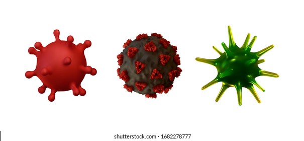 Corona Virus, Covid 19-NCP. Coronavirus nCoV denoted is single-stranded RNA virus. Set of realistic 3d viral cells. DNA and RNA Viruses. SARS-CoV2. Mers-CoV. Chameleon colors. Vector illustration