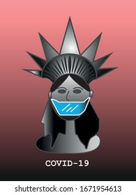 Corona Virus (Covid-19) is affecting the United States of America. Statue of liberty is equipped with mouth protection mask to keep the virus from spreading