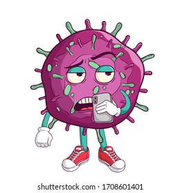 corona virus covid-19 cartoon character holding a smartphone and calling someone with funny bad expression