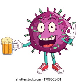 corona virus covid-19 cartoon character holding a beer glass with funny smile face