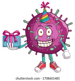 corona virus covid-19 cartoon character celebrate a birthday party with funny smile face