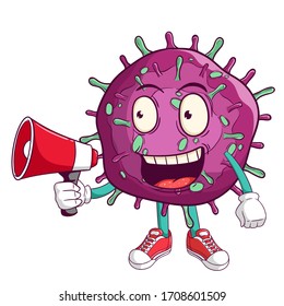 corona virus covid-19 cartoon character holding megaphone with funny smile face