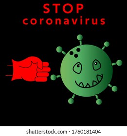 Corona virus or covid-19 concept. Vector icon stops corona virus. COVID-19 Virus quarantine, illustrate of virus pathogen in green with quarantine or stop sign on top on black background.
