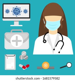 Corona Virus, Covid-19 doctor wearing mask, corona virus testing.Pandemic medical concept, vector illustration.