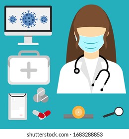 Corona Virus, Covid-19 doctor wearing mask, corona virus testing.Pandemic medical concept, vector illustration.