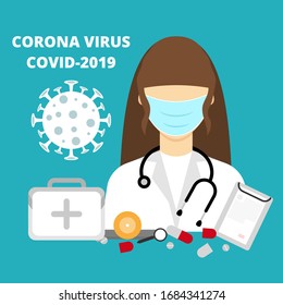 Corona Virus, Covid-19 doctor wearing mask, corona virus testing.Pandemic medical concept, vector illustration.