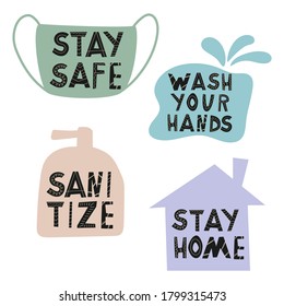 Corona virus Covid-19 hand lettered icon set. Stay home, stay safe, wash your hands, sanitize.