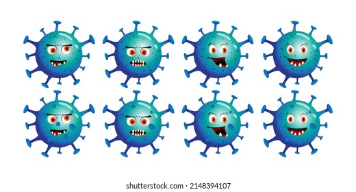 Corona Virus - COVID19. Illustration with Many Facial Expressions Character shaped cell of a microorganism with faces. Coronavirus set. Cartoon emotions of bacteria COVID-19.