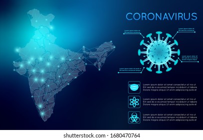 Corona Virus COVID-19 India Mapa elemento infográfico. Celda de virus. Pandemia del Coronavirus. Fondo Futurista. Ilustración vectorial Eps10